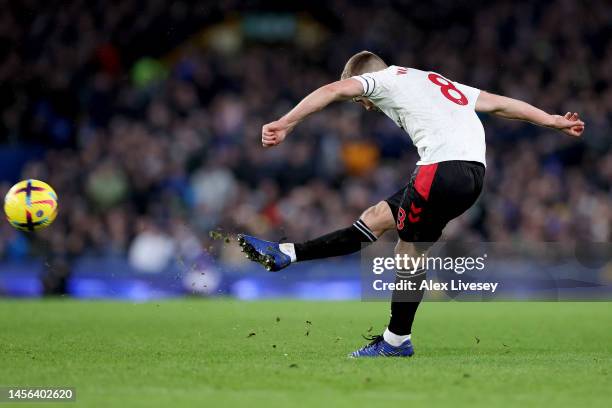 James Ward-Prowse of Southampton scores the team's second goal from a free kick during the Premier League match between Everton FC and Southampton FC...