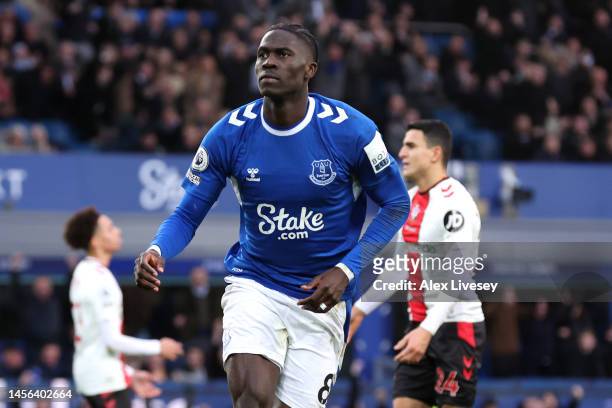 Amadou Onana of Everton celebrates after scoring the team's first goal during the Premier League match between Everton FC and Southampton FC at...