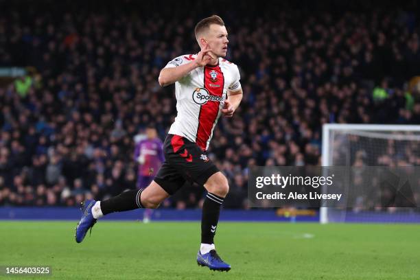 James Ward-Prowse of Southampton celebrates after scoring the team's second goal during the Premier League match between Everton FC and Southampton...