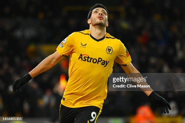 Raul Jimenez of Wolverhampton Wanderers celebrates after scoring a goal, which was later disallowed during the Premier League match between...