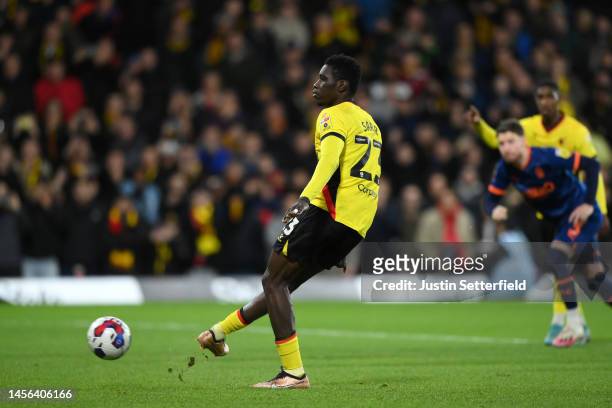 Ismaila Sarr of Watford scores the second Watford goal during the Sky Bet Championship between Watford and Blackpool at Vicarage Road on January 14,...