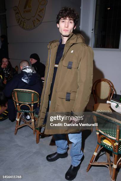 Diego Lazzari is seen front row at the K-Way fashion show during the Milan Menswear Fall/Winter 2023/2024 on January 14, 2023 in Milan, Italy.