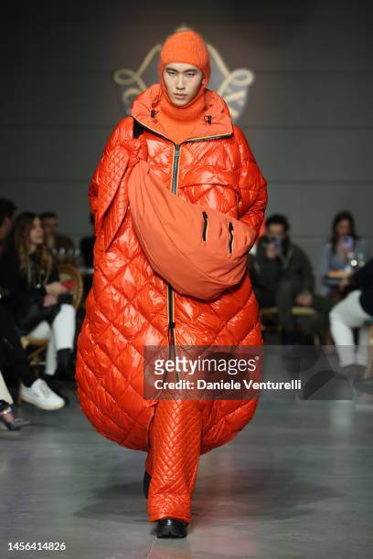 Model walks the runway at the K-Way fashion show during the Milan Menswear Fall/Winter 2023/2024 on January 14, 2023 in Milan, Italy.