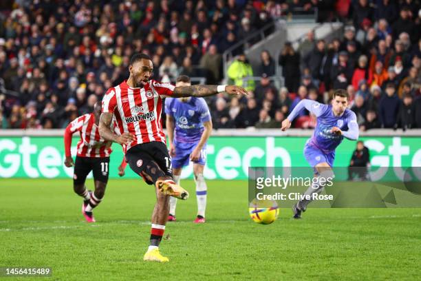 Ivan Toney of Brentford scores the team's first goal from the penalty spot during the Premier League match between Brentford FC and AFC Bournemouth...