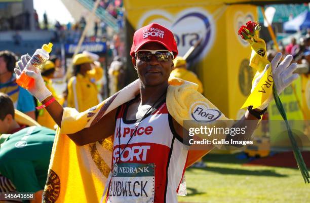 Ludwick Mamabolo celebrates his win during the 2012 Comrades Marathon on June 03, 2012 in South Africa. The 2012 Comrades Marathon is starting at the...