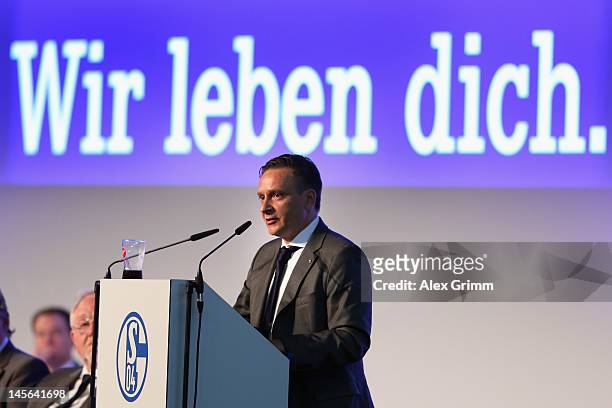 Manager Horst Heldt addresses the annual meeting of FC Schalke 04 at Emscher Lippe Halle on June 3, 2012 in Gelsenkirchen, Germany.