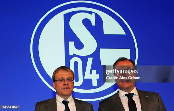 Board member Peter Peters and CEO Clemens Toennies pose during the annual meeting of FC Schalke 04 at Emscher Lippe Halle on June 3, 2012 in...
