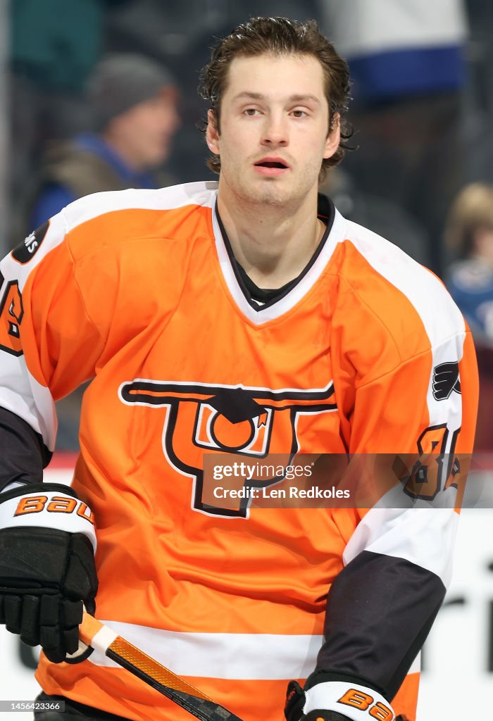 Joel Rabel Toronto Joel Farabee of the Philadelphia Flyers looks on during warm-ups ...