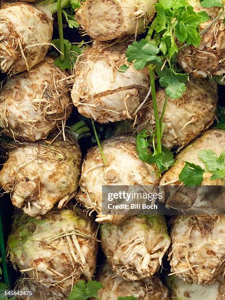 celeriac stacked at a farmers market - knolselderij stockfoto's en -beelden