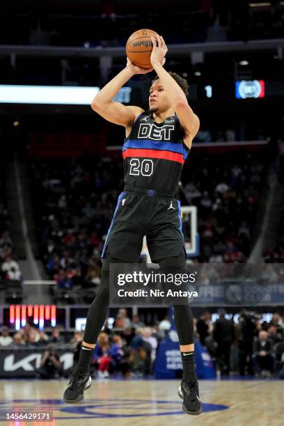 Kevin Knox II of the Detroit Pistons shoots the ball against the New Orleans Pelicans at Little Caesars Arena on January 13, 2023 in Detroit,...