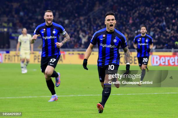 Lautaro Martinez of FC Internazionale celebrates after scoring the opening goal during the Serie A match between FC Internazionale and Hellas Verona...