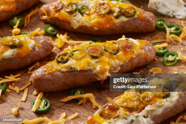 cream cheese stuffed jalapeno sausage boats - jalapeno pepper stock pictures, royalty-free photos & images