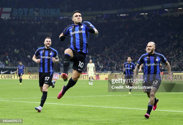 Lautaro Martinez of FC Internazionale celebrates after scoring the team's first goal during the Serie A match between FC Internazionale and Hellas...