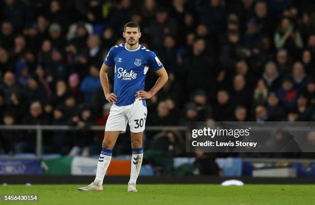 Conor Coady of Everton looks dejected after James Ward-Prowse of Southampton scores their side's second goal during the Premier League match between...