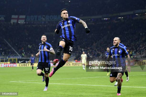 Lautaro Martinez of FC Internazionale celebrates after scoring the team's first goal during the Serie A match between FC Internazionale and Hellas...