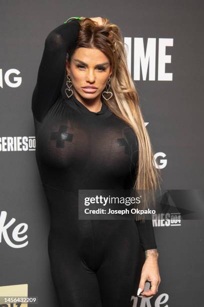 Katie Price arrives at the KSI vs FaZe Temperrr MF Cruiserweight Title Fight at OVO Arena Wembley on January 14, 2023 in London, England.