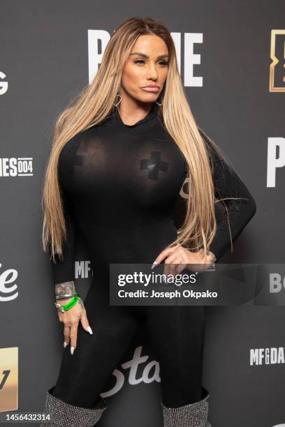Katie Price arrives at the KSI vs FaZe Temperrr MF Cruiserweight Title Fight at OVO Arena Wembley on January 14, 2023 in London, England.