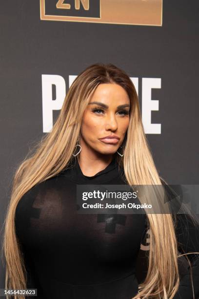 Katie Price arrives at the KSI vs FaZe Temperrr MF Cruiserweight Title Fight at OVO Arena Wembley on January 14, 2023 in London, England.