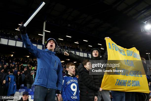 Fans of Everton hold up banners in protest against the clubs board after the Premier League match between Everton FC and Southampton FC at Goodison...