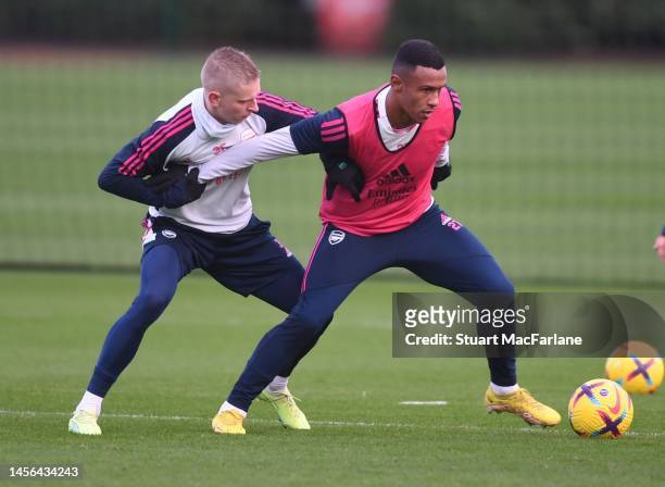 Oleksandr Zinchenko and Marquinhos of Arsenal during a training session at London Colney on January 14, 2023 in St Albans, England.