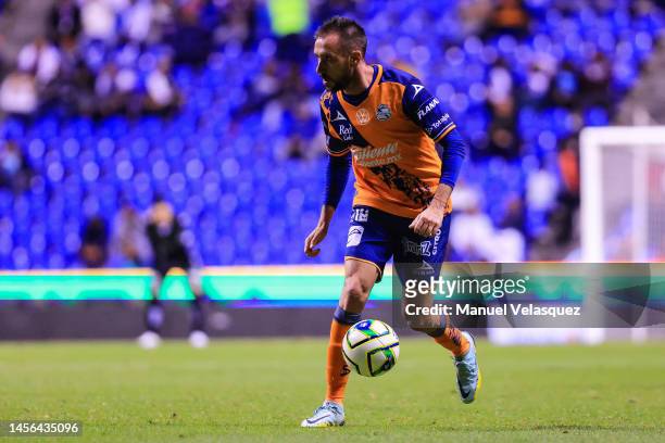Federico Mancuello of Puebla controls the ball during the 2nd round match between Puebla and Queretaro as part of the Torneo Clausura 2023 Liga MX at...
