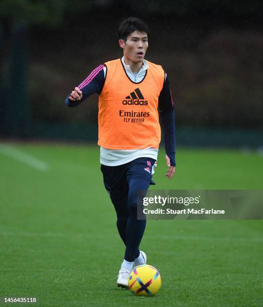 Takehiro Tomiyasu of Arsenal during a training session at London Colney on January 14, 2023 in St Albans, England.