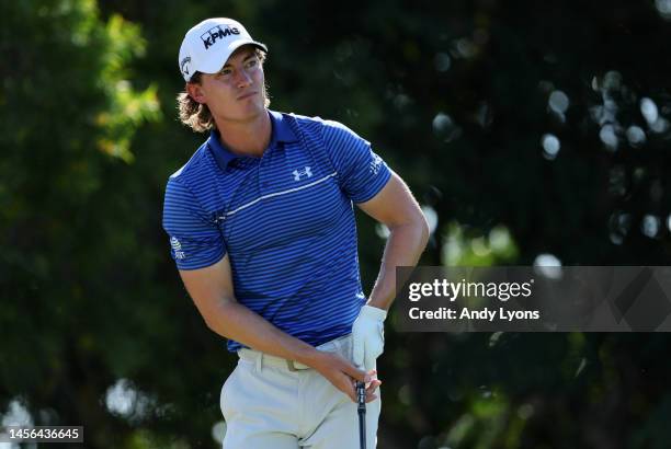 Maverick McNealy of the United States reacts to his shot from the fifth tee during the third round of the Sony Open in Hawaii at Waialae Country Club...