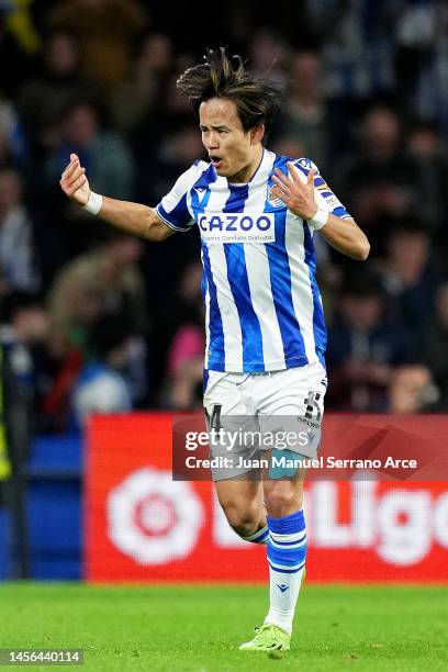 Takefusa Kubo of Real Sociedad celebrates after scoring the team's second goal during the LaLiga Santander match between Real Sociedad and Athletic...