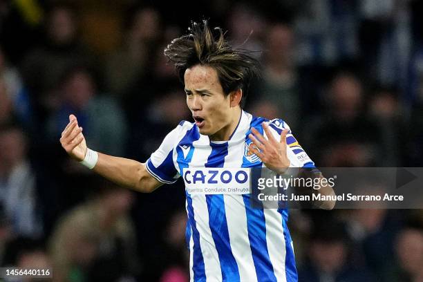 Takefusa Kubo of Real Sociedad celebrates after scoring the team's second goal during the LaLiga Santander match between Real Sociedad and Athletic...