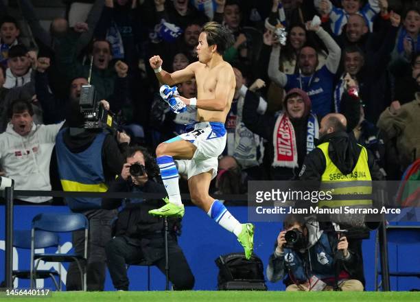 Takefusa Kubo of Real Sociedad celebrates after scoring the team's second goal during the LaLiga Santander match between Real Sociedad and Athletic...