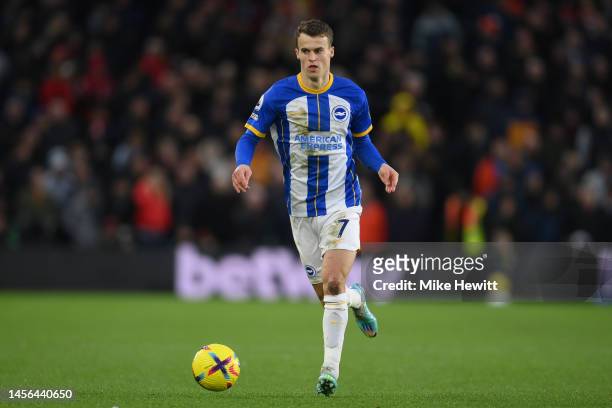 Solly March of Brighton & Hove Albion in action during the Premier League match between Brighton & Hove Albion and Liverpool FC at American Express...