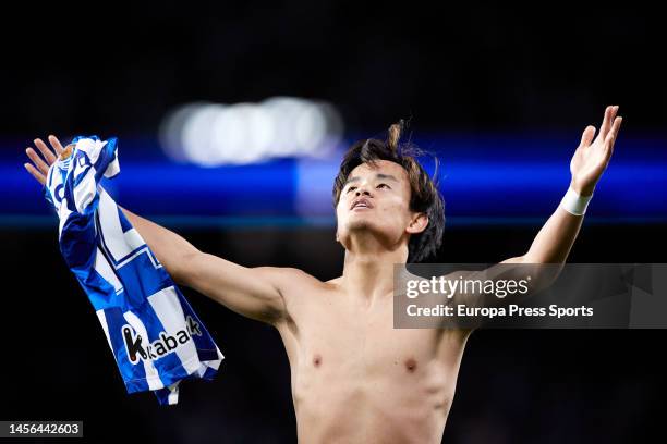 Takefusa Kubo of Real Sociedad reacts after scoring goal during the La Liga Santander match between Real Sociedad and Athletic Club at Reale Arena on...