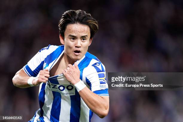 Takefusa Kubo of Real Sociedad reacts after scoring goal during the La Liga Santander match between Real Sociedad and Athletic Club at Reale Arena on...