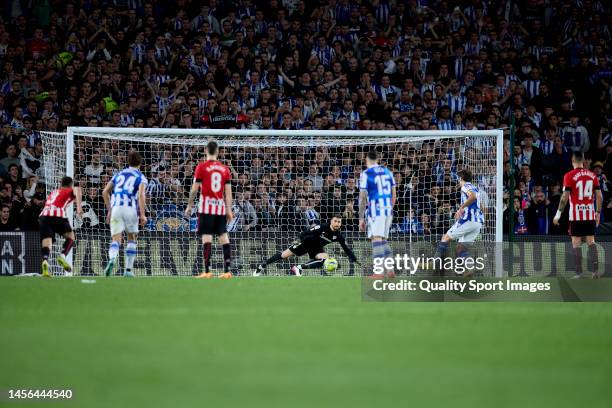 Mikel Oyarzabal of Real Sociedad shoots the penalty during the LaLiga Santander match between Real Sociedad and Athletic Club at Reale Arena on...