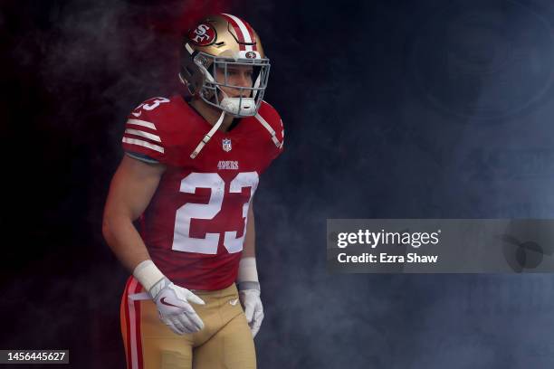 Christian McCaffrey of the San Francisco 49ers takes the field prior to the NFC Wild Card playoff game against the Seattle Seahawks at Levi's Stadium...