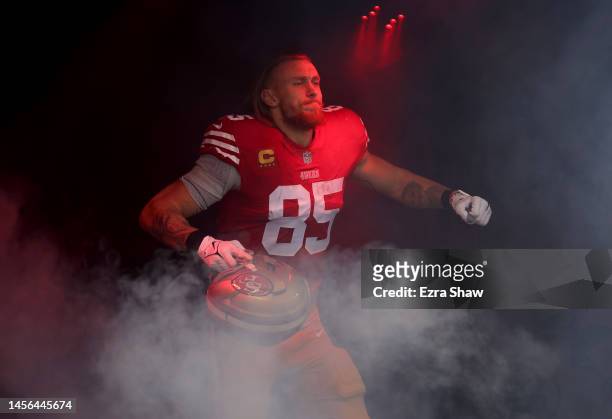 George Kittle of the San Francisco 49ers takes the field prior to the NFC Wild Card playoff game against the Seattle Seahawks at Levi's Stadium on...
