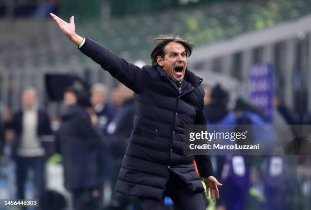 Simone Inzaghi, Head Coach of FC Internazionale, reacts during the Serie A match between FC Internazionale and Hellas Verona at Stadio Giuseppe...