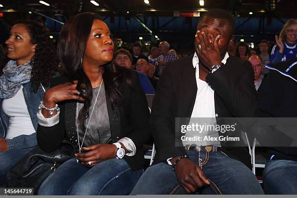 Gerald Asamoah reacts before being awarded member of the Schalke 'Hall of fame' during the annual meeting of FC Schalke 04 at Emscher Lippe Halle on...