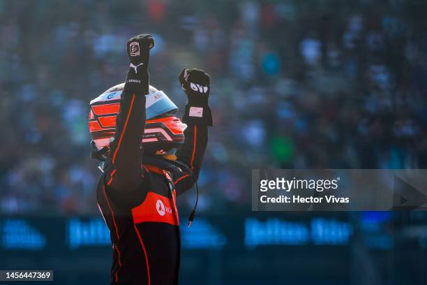 Jake Dennis of Great Britain and Avalanche Andretti celebrates victory during the 2023 Hankook Mexico City E-Prix Round 1 at Autodromo Hermanos...