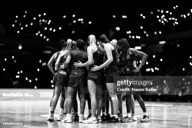 The Vitality Roses team huddle during the Vitality Netball International Series match between England and Jamaica at Copper Box Arena on January 14,...