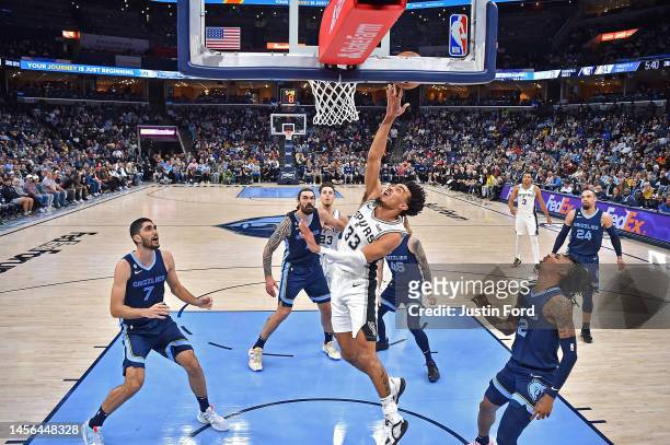 Tre Jones of the San Antonio Spurs goes to the basket during the game against the Memphis Grizzlies at FedExForum on January 11, 2023 in Memphis,...