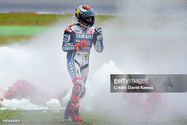 Jorge Lorenzo of Spain and Yamaha Factory Racing Team celebrates after winning the MotoGP race at Circuit de Catalunya on June 3, 2012 in Montmelo,...