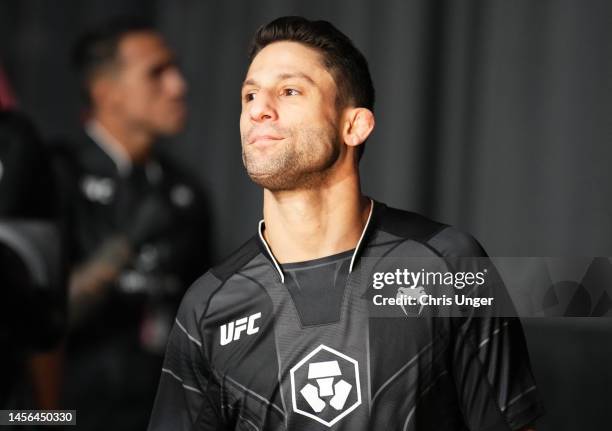 Allan Nascimento of Brazil prepares to fight Carlos Hernandez in a flyweight fight during the UFC Fight Night event at UFC APEX on January 14, 2023...