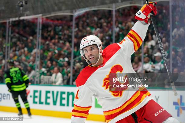 Nazem Kadri of the Calgary Flames celebrates after scoring a goal during the second period against the Dallas Stars at American Airlines Center on...