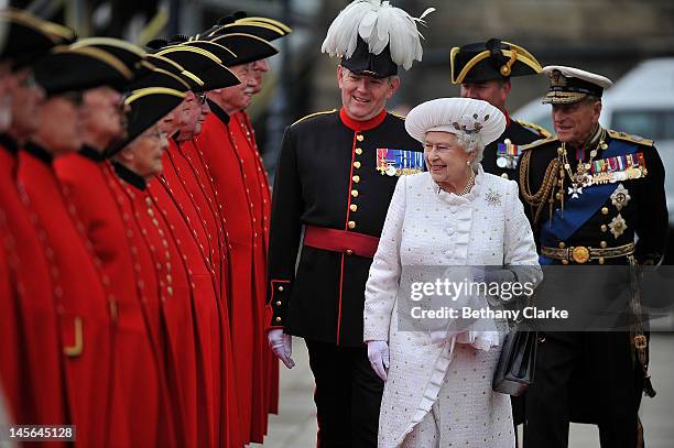 Queen Elizabeth II and Prince Philip, Duke of Edinburgh arrive at Chelsea Pier on June 3, 2012 in London, England. For only the second time in its...