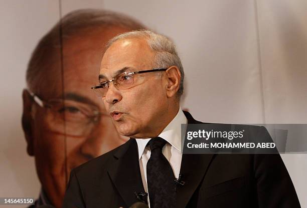 Egyptian presidential runoff candidate Ahmed Shafiq addresses a press conference in Cairo on June 3, 2012. After a night of rage following the...