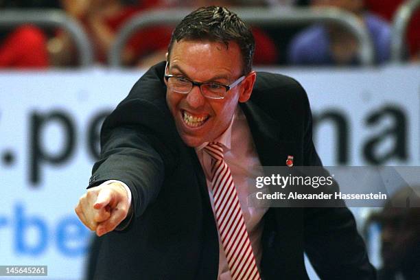 Chris Fleming, head coach of Bamberg reacts during game 1 of the Beko BBL finals between Brose Baskets and ratiopharm Ulm at Stechert Arena on June...