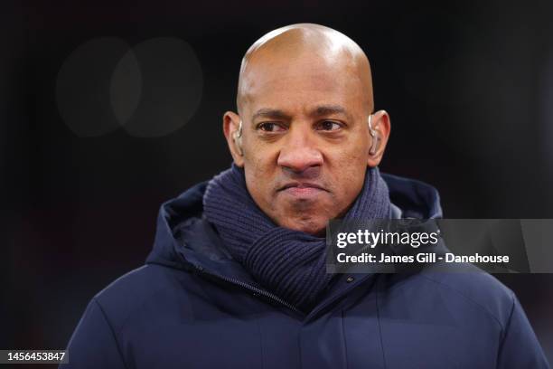 Pundit Dion Dublin prior to the Premier League match between Aston Villa and Leeds United at Villa Park on January 13, 2023 in Birmingham, England.