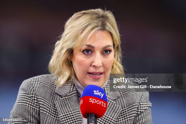 Presenter Kelly Cates ahead of the Premier League match between Aston Villa and Leeds United at Villa Park on January 13, 2023 in Birmingham, England.