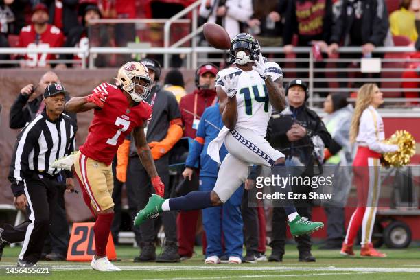 Metcalf of the Seattle Seahawks catches a 50 yard pass to score a touchdown against the San Francisco 49ers during the second quarter in the NFC Wild...